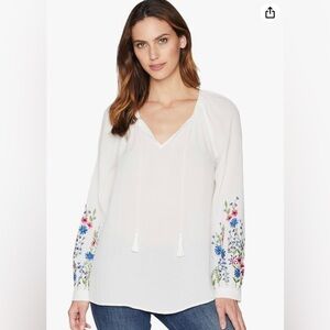 Karen Kane White Peasant Blouse with Multicolor Floral Sleeve Embroidery